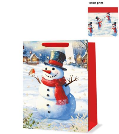 6x Medium Christmas Gift Bag with Inside Print - Snowman Design