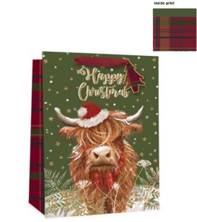 6x Large Christmas Gift Bag with Inside Print - Highland Cow Design