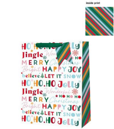 6x Medium Christmas Gift Bag with Inside Print - Jolly Text Design
