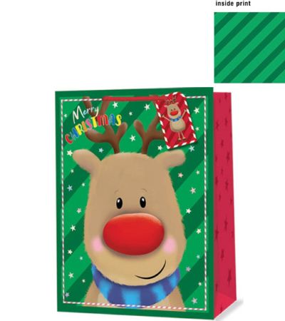 6x Medium Christmas Gift Bag with Inside Print - Rudolph Design