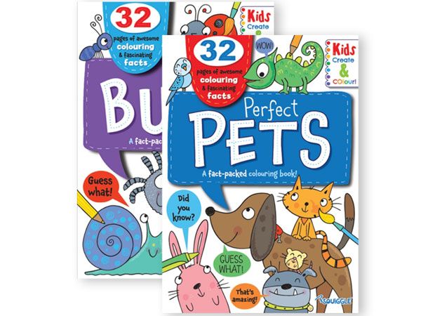 Squiggle A4 Kids Colouring & Facts, Assorted Pets & Bugs Designs